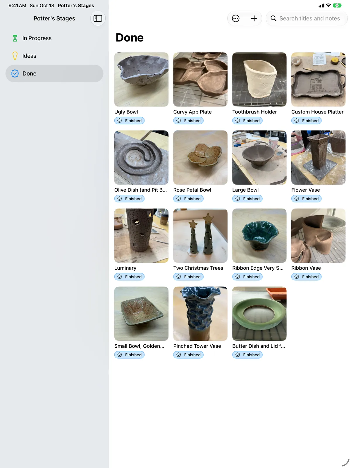 Potter’s Stages on iPad: a sidebar with In Progress, Ideas and Done beside a grid of finished pieces