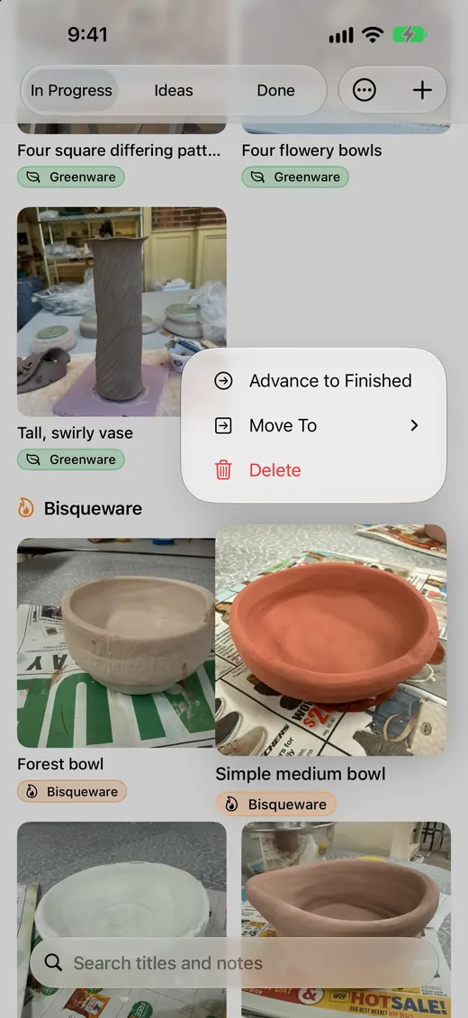 A touch-and-hold menu on a piece, offering Advance to Finished, Move To and Delete