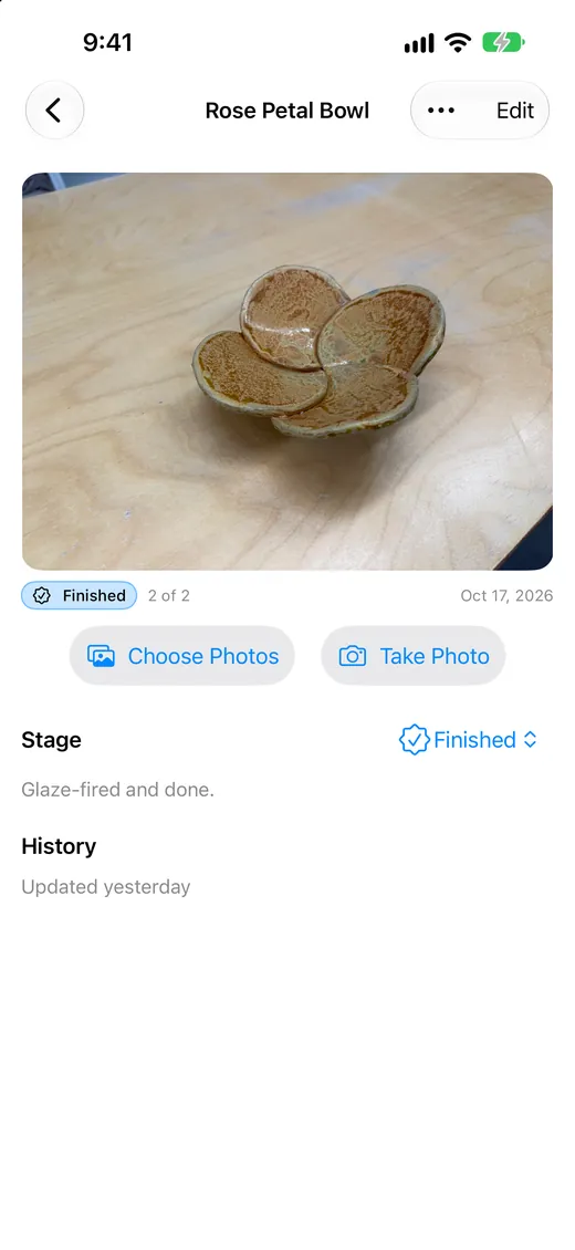 A piece called Rose Petal Bowl, with its photo, stage and history
