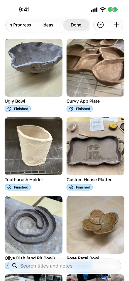 The Done tab on iPhone: a grid of finished bowls, plates and dishes
