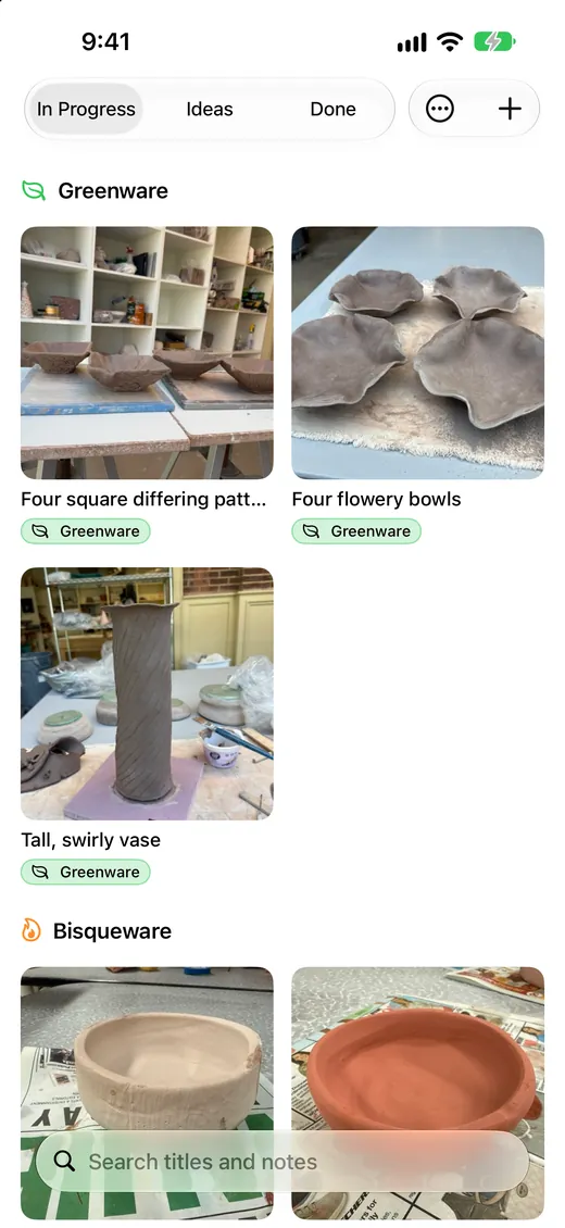 The In Progress tab on iPhone, with pieces grouped under Greenware and Bisqueware