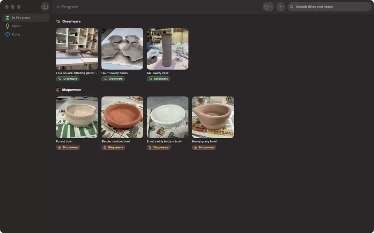 Potter’s Stages on Mac in dark mode, showing pieces in Greenware and Bisqueware